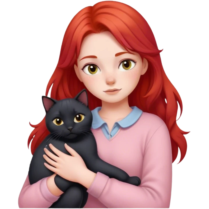 
a girl with red hair in pastel clothes hugs a black British cat emoji