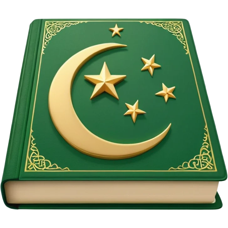 Closed Quran with the Islamic Symbol on it (moon and star) green from left to right emoji