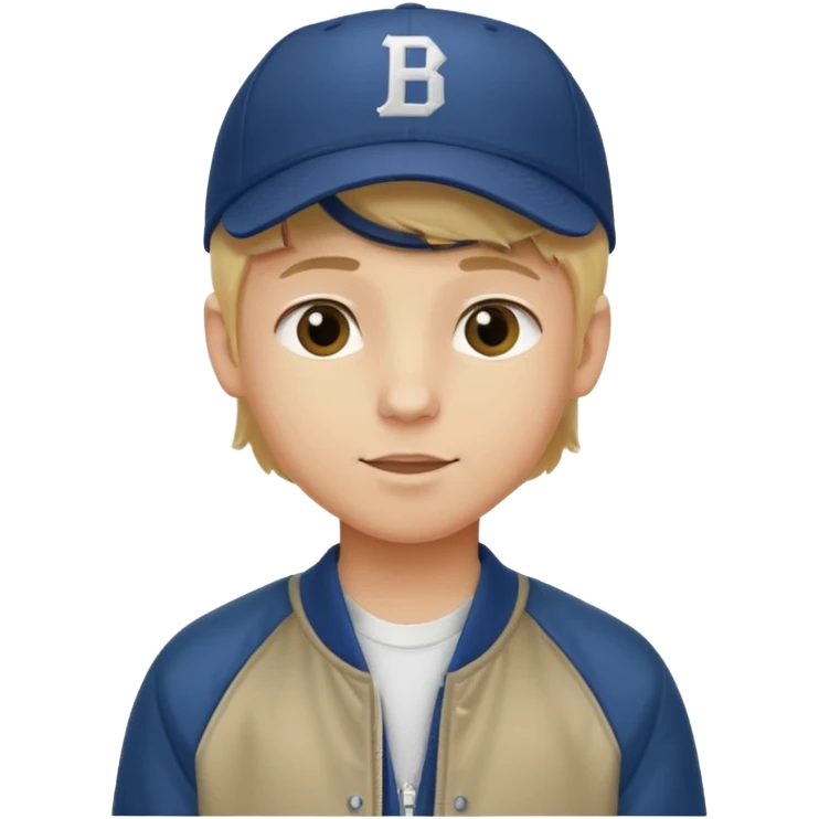 emoji of a teenage boy, straight blonde hair, wearing a baseball cap and jacket, friendly expression emoji