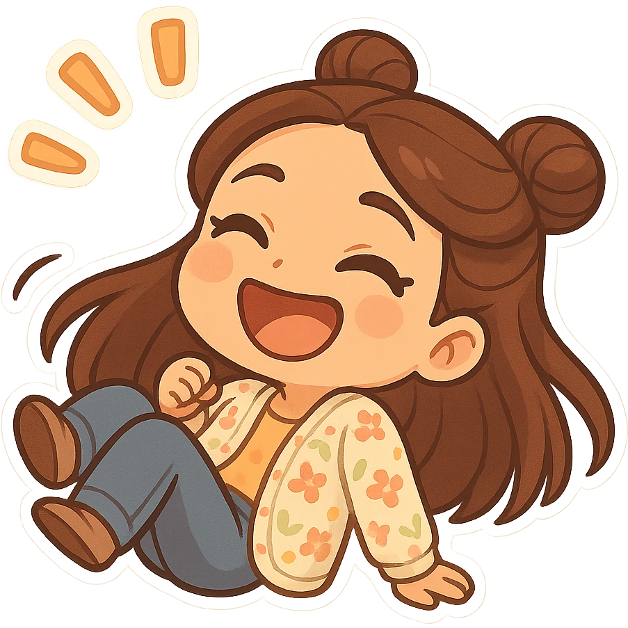 Create a chibi sticker of the girl from the reference image rolling on the floor laughing. She has brown straight hair styled in double buns, brown eyes, wearing a pastel floral cardigan and jeans. The sticker should have a white outline and a transparent background, sized 512x512px. emoji