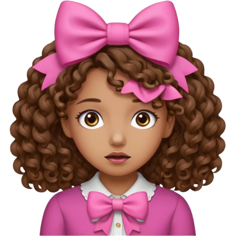 Curly hair brown hair tan skin girl, Pleading Face emoji, using pink bow emoji