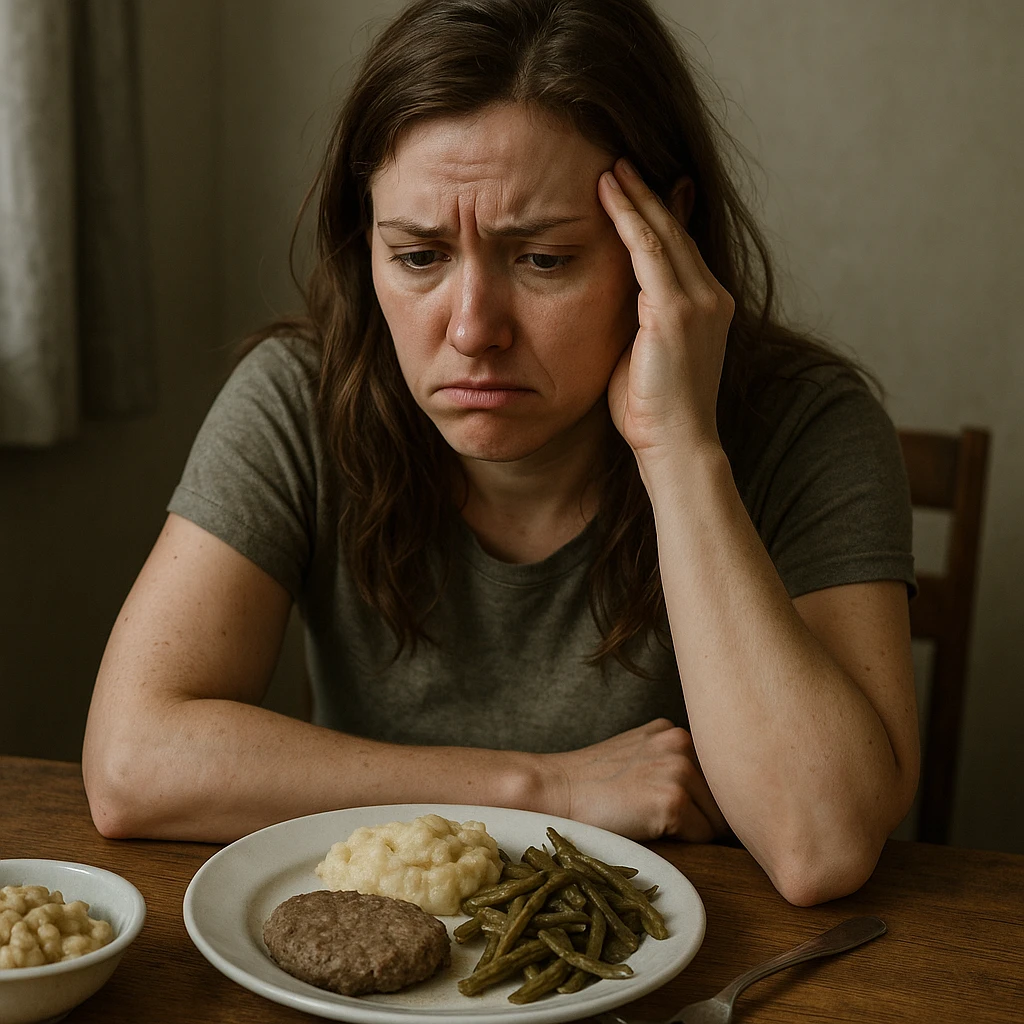 hyper realistic woman with a frustrated or discouraged expression, feeling discomfort, sitting in front of unappealing food, detailed realistic scene, atmosphere of unease emoji
