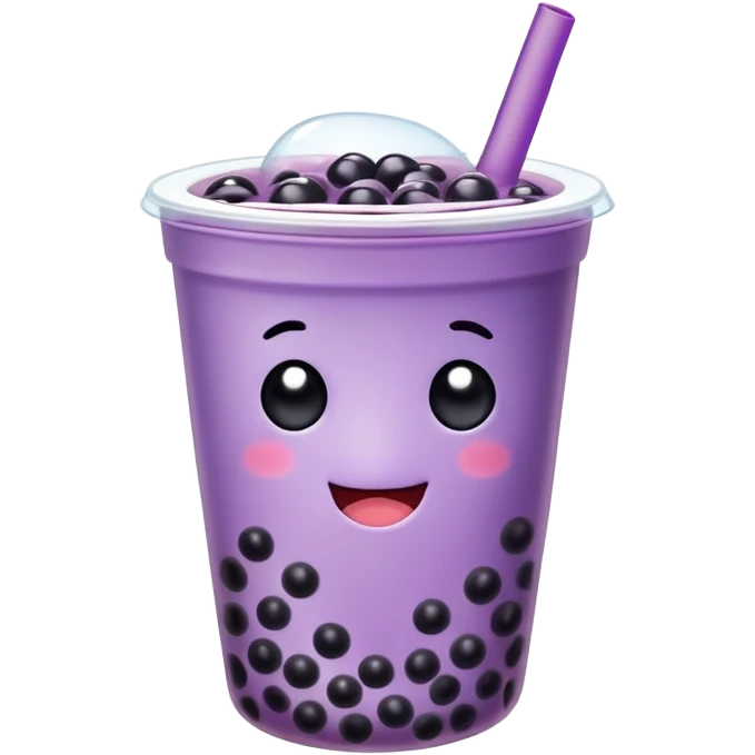 Purple bubble tea cup with a cute face and black tapioca pearls inside emoji