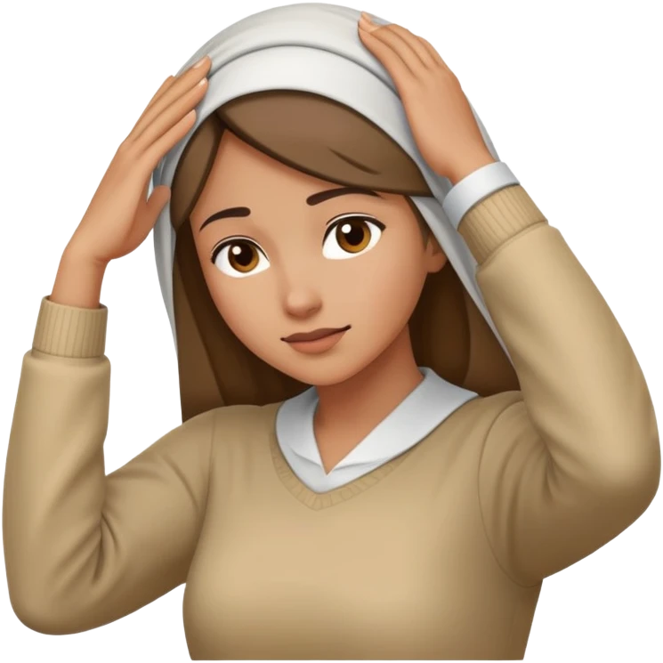 Señora agachando la cabeza pero que su cabeza no se vea porque esta tapada con su brazo y el otro levantado diagonalmente hacia la misma dirección del otro brazo emoji