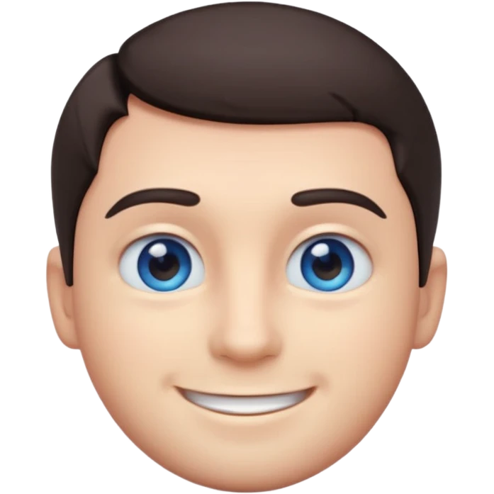 Cute 3D emoji of a smiling man with short dark hair and blue eyes, round face, simplified features, oversized glossy eyes, soft gradient shading, pastel tones, clean vector style, smooth edges, minimal background, transparent PNG, sticker icon emoji