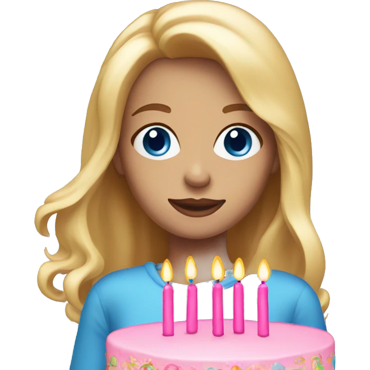Woman with long blonde hair and blue eyes holding a pink birthday cake  emoji