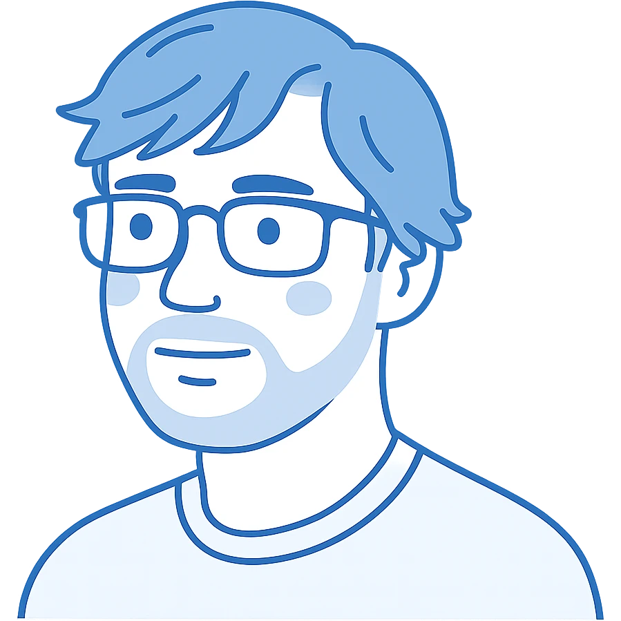 A thoughtful man with rectangular glasses, messy longer hair with side-swept bangs, a round-shaped face but not chubby, a slightly wider nose, and a neat short beard. All line work in blue tones instead of black. emoji