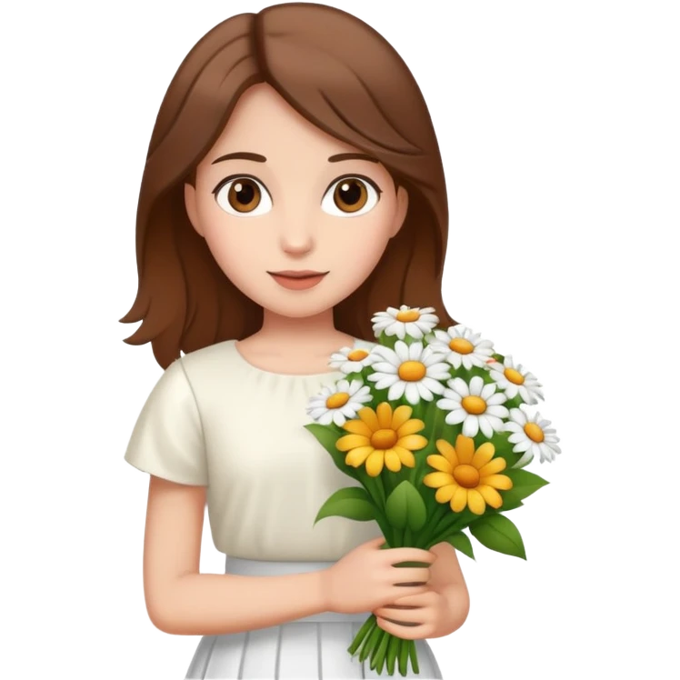 girl with brown hair wearing a white skirt holding a bouquet of flowers emoji