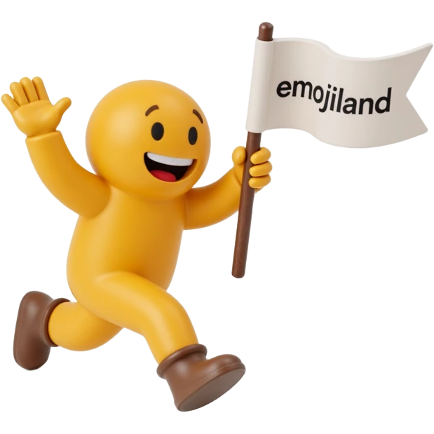 happy runner waving a flag that says 'emojiland' emoji