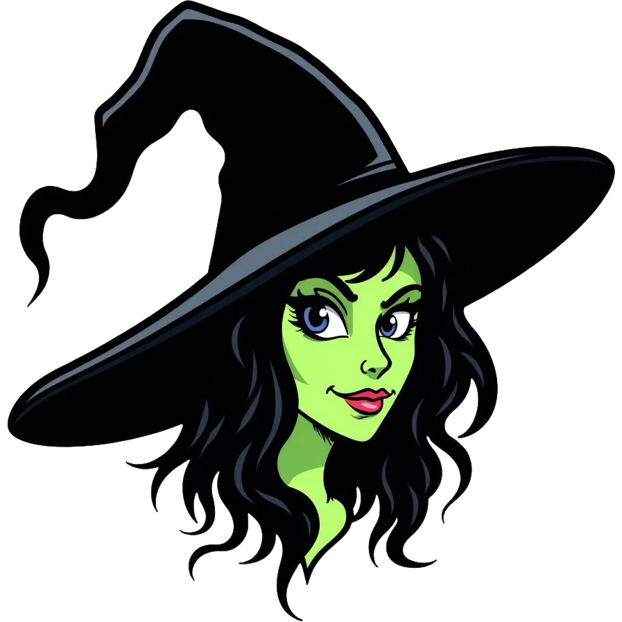 Elphaba witch face with green skin and black hat emoji