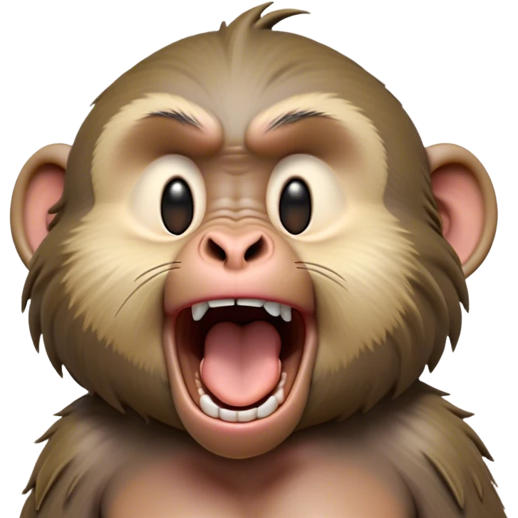 Cinematic Realistic Cute Yawning Baboon Portrait Emoji, Head tilted slightly with a dramatic, wide-open yawn, showcasing a soft, textured face with gently drooping features and half-closed, drowsy eyes, rendered with lifelike natural detail and warm shadows, high shine, relaxed yet expressive, styled with a dash of wild charm, soft glowing outline, capturing the essence of a sleepy yet affectionate baboon that appears ready to stretch out for a hearty nap! emoji
