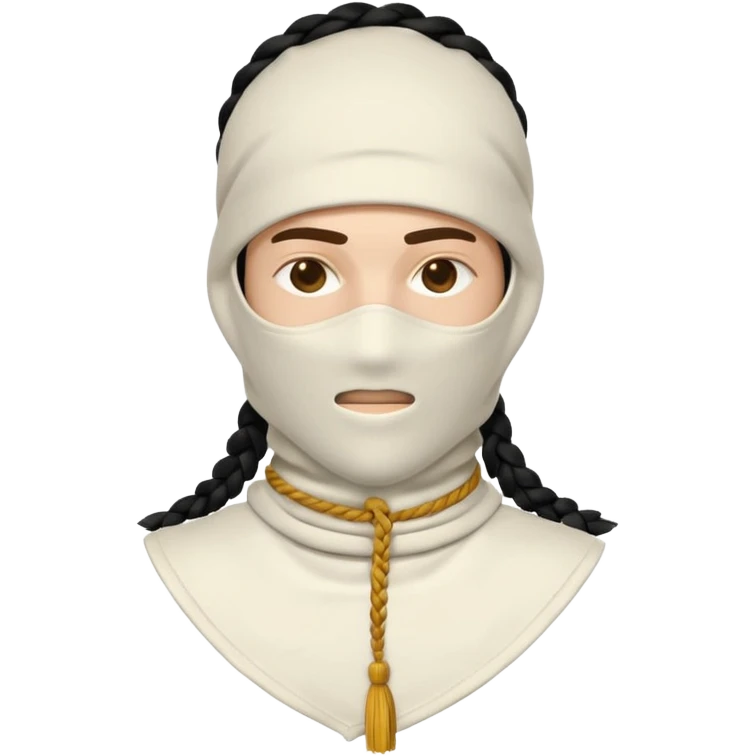 Ultra-detailed studio shot of a post-apocalyptic off-white balaclava — deconstructed, frayed, layered, with braided rope tassels and subtle embroidery. Minimalist white background, soft lighting, sharp focus. High-fashion streetwear aesthetic. emoji