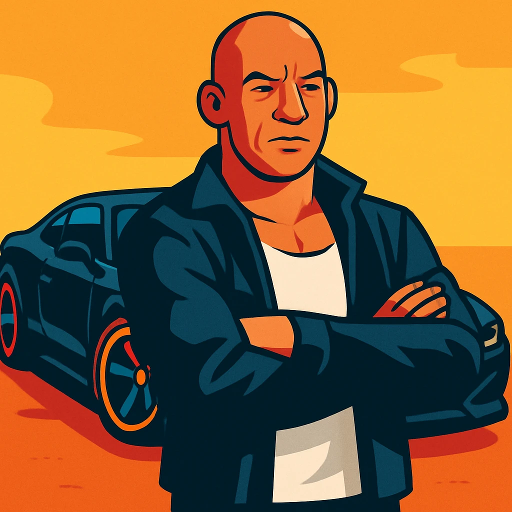 Vin Diesel in a white tank top and black jacket, black sports car behind him, stylized illustration emoji