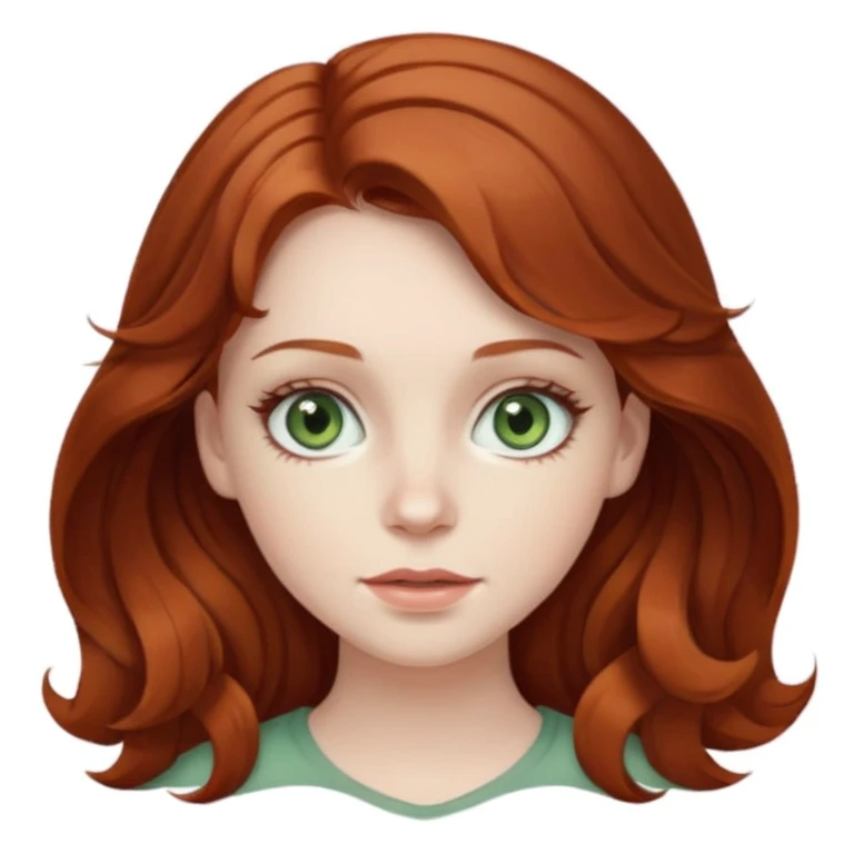 caucasian, pale, auburn haired girl, with medium length wavy hair, and sage green eyes with long eyelashes emoji