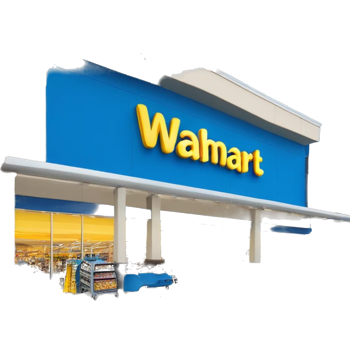 “Exterior of a Walmart store with the sunburst logo above the entrance, blue facade with yellow accents, large sliding glass doors, and shopping carts lined up outside, capturing the look of a busy retail supercenter.” emoji