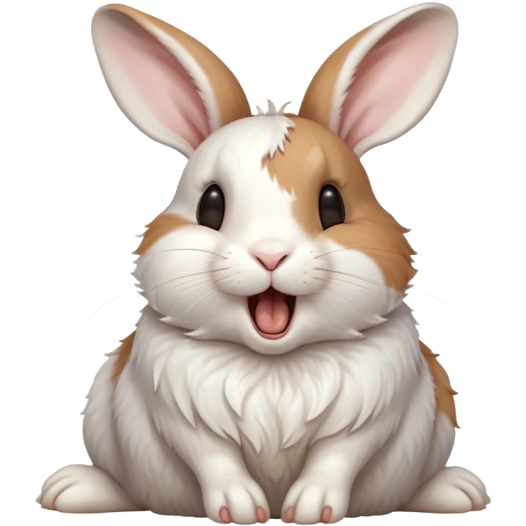 Cinematic Cute Yawning White and Brown Rabbit Portrait Emoji, Head tilted slightly with a dramatic, wide-open yawn, showcasing a soft, patterned fur with crisp white and warm brown patches, floppy ears slightly drooping, round eyes barely open in drowsy contentment, Simplified yet irresistibly adorable features, highly detailed, glowing with a soft, cozy glow, high shine, relaxed yet expressive, stylized with a touch of whimsy, bright and endearing, soft glowing outline, capturing the essence of a sleepy yet affectionate bunny, so drowsy it feels like it could stretch out of the screen and curl up for a nap! emoji