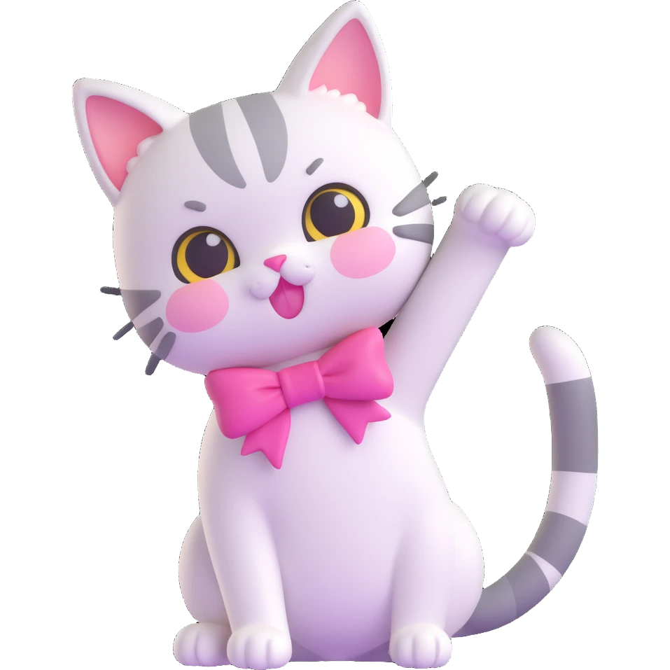 A cute cat with a pink bow, kawaii style, iOS emoji-like, playful pose emoji