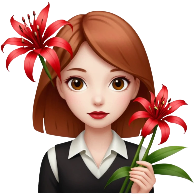 Create emoji a girl with light brown hair pale skin black eyes having poker face holding a red spider lily flowef emoji