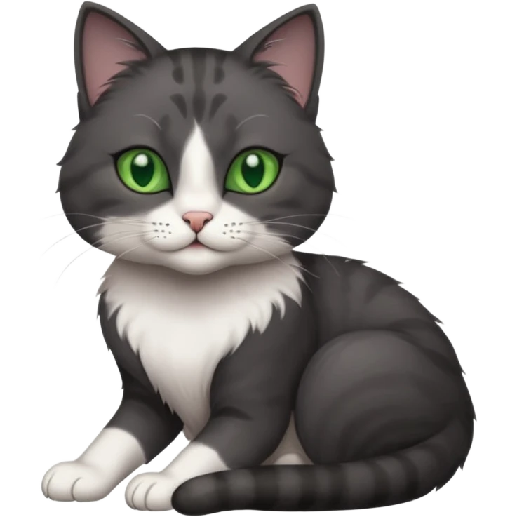 beautiful female solid dark grey cat with green eyes, white toes/paws and white patch on her chest rolling over emoji