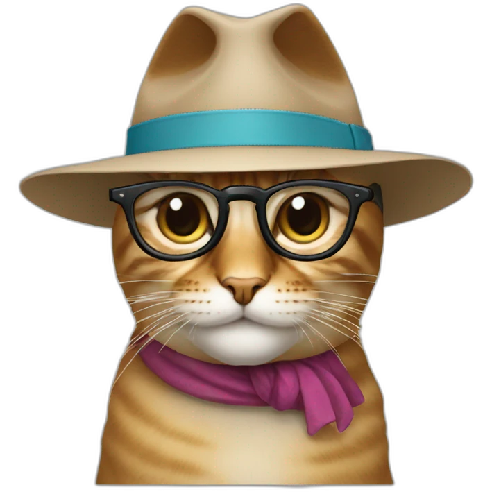 Un chat avec des lunettes et un chapeau emoji