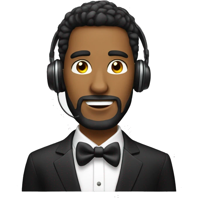 A guy in tuxedo having sor tried beard and wearing headphones emoji