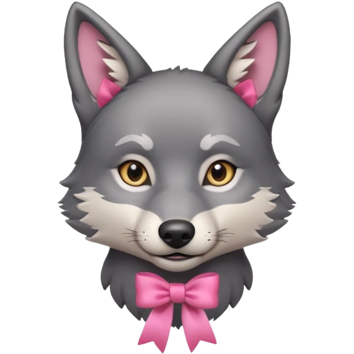 Pleading Face cute dark grey wolf with a pink ribbon io his ear emoji