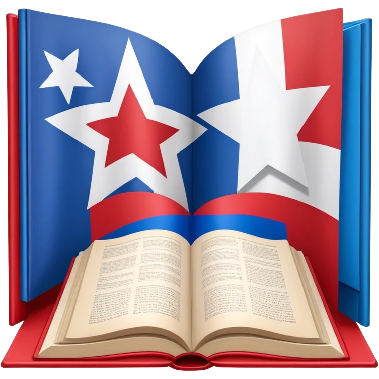 Open book about theatrical scenography with the Puerto Rican flag integrated into its pages, showing theater stage designs in red and blue colors with a white star emoji