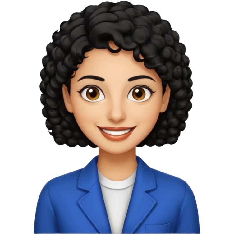 30 year old iranian woman very short curly black hair, big brown eyes, tanned skin, big smile, white teeth, pretty, stylish, shorter hair, boy cut hair, nice clothes emoji