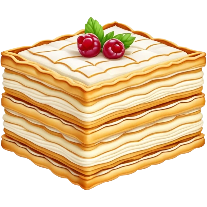 mille-feuille-cinematic-realistic-mille-feuille-dessert-emoji,-depicted-as-a-rectangular delicate-pastry-composed-of-two-crisp-layers-of-puff-pastry-with-a-rich-cream-filling,-rendered-with-intricate-textures-and-elegant,-soft-lighting. Please only show two layers only. emoji