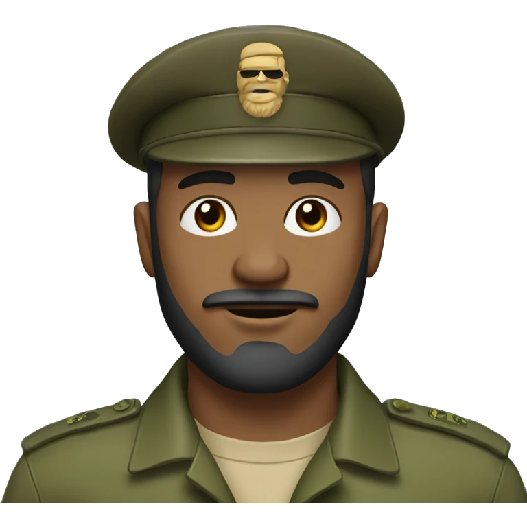 Man with side part hair on forehead, army hat and beard under nose emoji