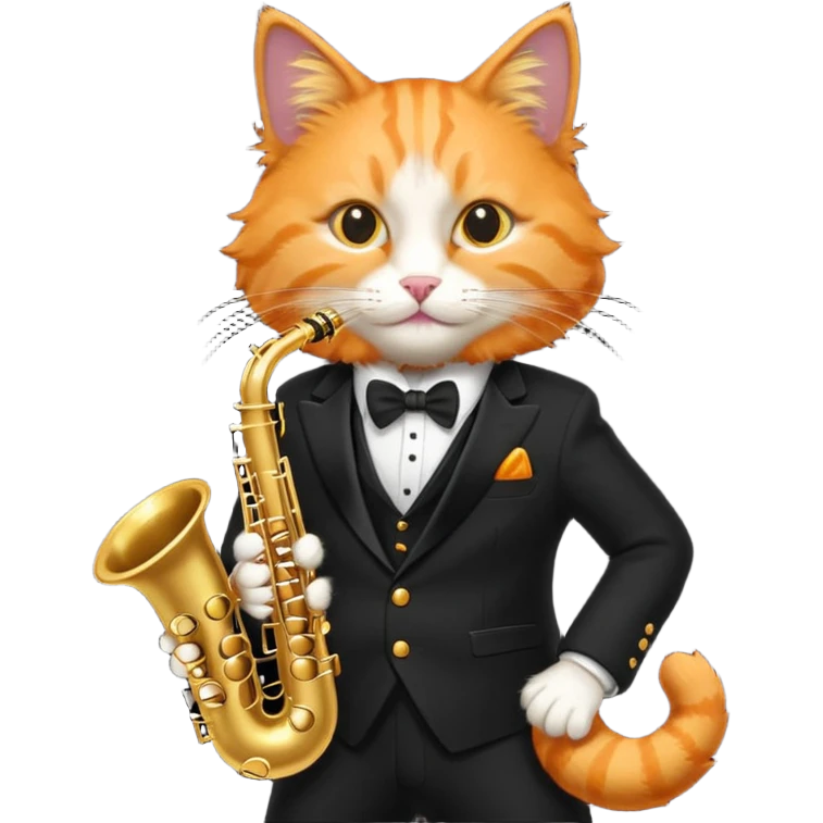 orange cat play gold saxophone, wear black suit emoji