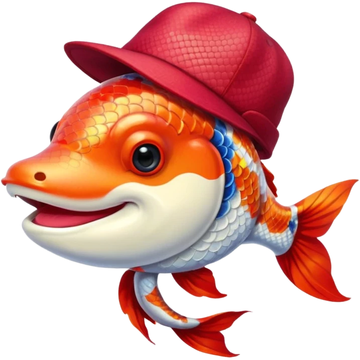 Japanese Koi Fish with hat. Smiling. With a red dot on his body.  emoji
