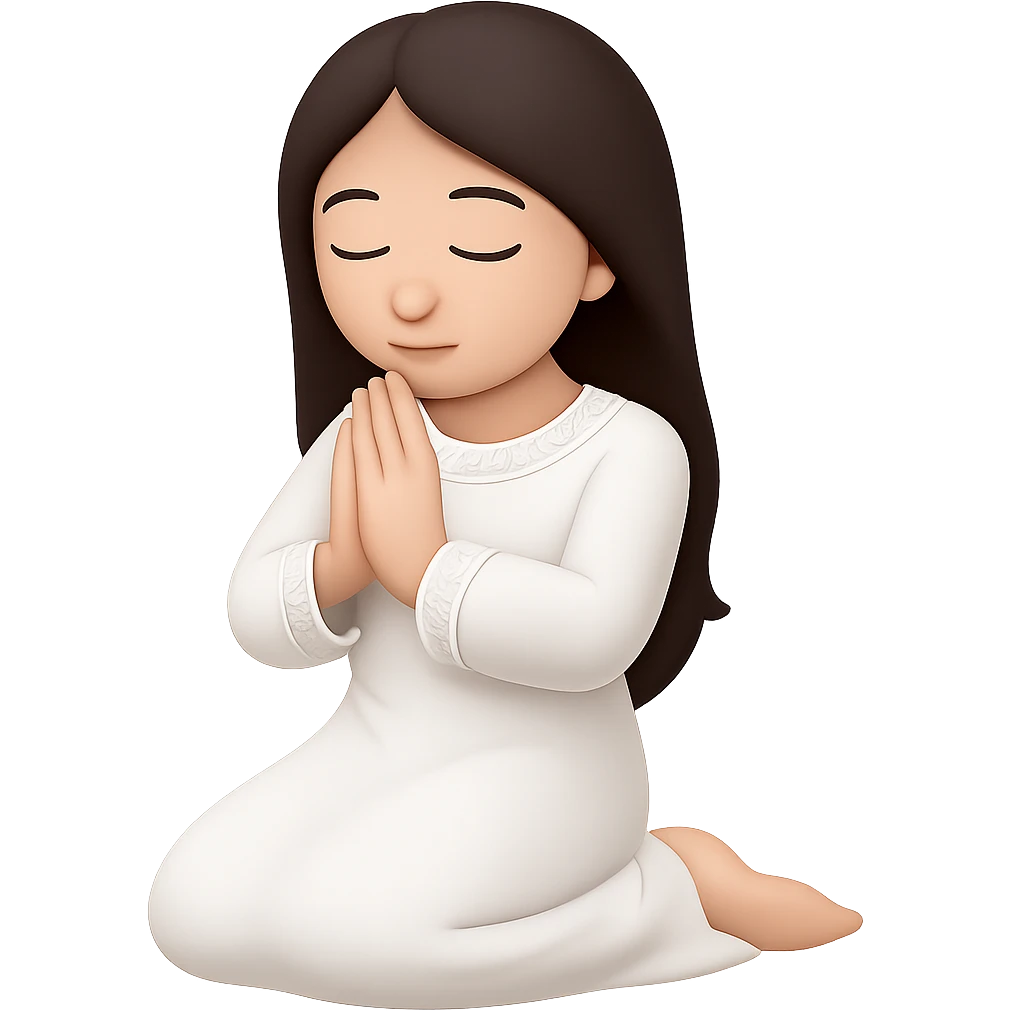 Change the dress to white robes, keep the woman kneeling and praying, long dark brown hair, in emoji style. Remove the background. emoji