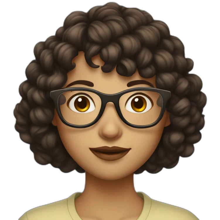 girl with short curly dark brown hair and bangs and thin glasses emoji