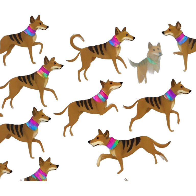  brindle brown black maroon striped lurcher Alsatian fox running blue eyes and iridescent holographic oilslick harness wearing paper iridescent tropical flower crown yellow caution tape emoji
