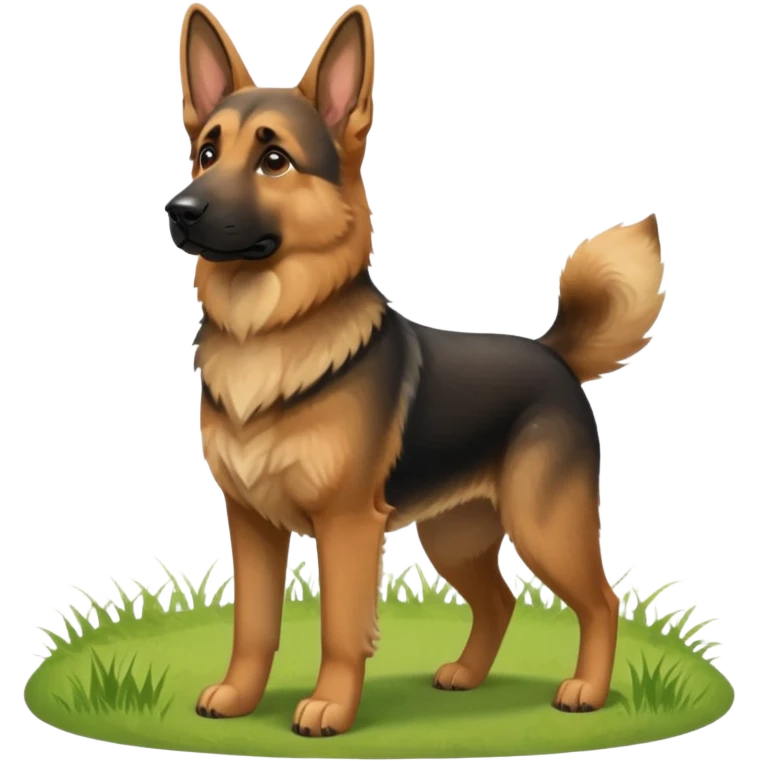 A German Shepherd standing alert on a grassy hill, looking into the distance with its ears perked. Realistic outdoor lighting, strong and intelligent expression, professional pet photography. emoji