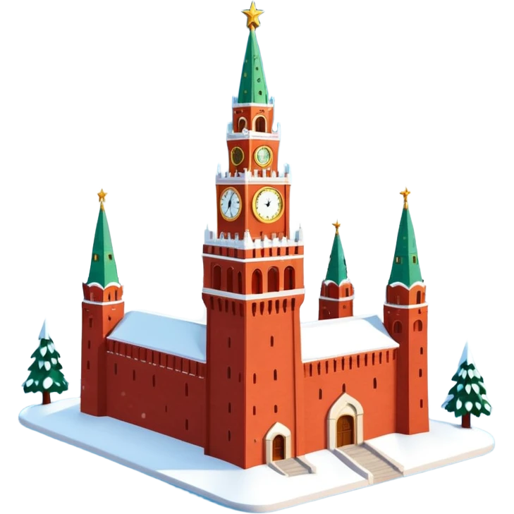Apple iOS style emoji of the Moscow Kremlin Spasskaya Tower, winter
New Year edition. Red brick texture, snowy roof, golden clock face. Small festive garland with glowing lights wrapped around the tower. Bright red glowing star on top. 3D isometric  emoji