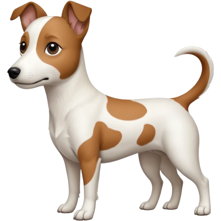 a fully white jack russell the size of a kelpie with floppy ears and a half white face emoji