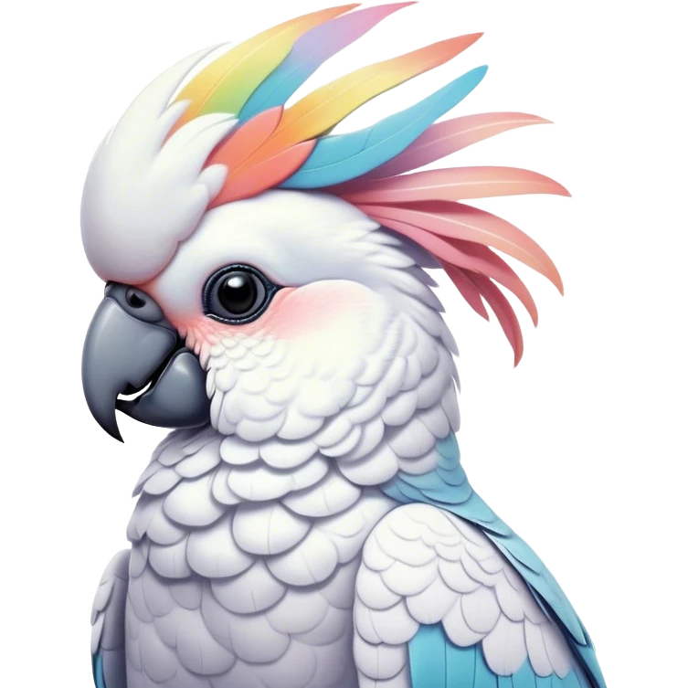 Cinematic Noble Cockatoo Portrait Emoji, Poised and regal, with a striking, crest-adorned head of brilliant white and pastel hues, a robust, curved beak, and piercing, intelligent eyes, Simplified yet sharp and sophisticated features, highly detailed, glowing with a soft, tropical luminescence, high shine, intelligent and majestic, stylized with an air of avian elegance, focused and alert, soft glowing outline, capturing the essence of a watchful and confident cockatoo that appears ready to unfurl its crest out of the screen with effortless authority! emoji