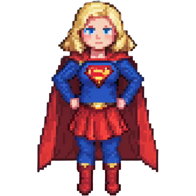 Supergirl superhero full body, blue suit with red skirt, red cape, blonde hair, and S emblem on chest emoji