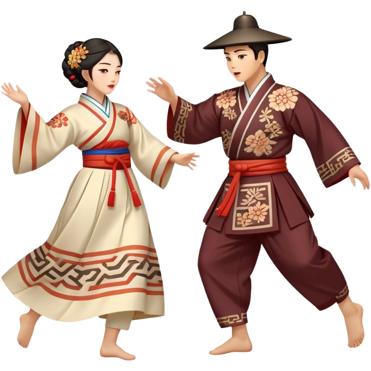 Cinematic Realistic scene of two performers engaging in Ganggangsullae, dressed in traditional Korean costumes with intricate patterns and graceful movements, illuminated by soft, festive lighting that accentuates the cultural ambiance emoji