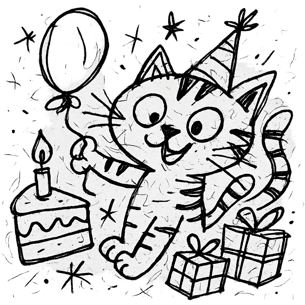 chaotic outlined icon of a playful kitten with stripes, birthday hat, holding a balloon, cake and presents scattered around emoji