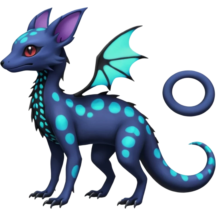 Rare epic aesthetic iridescent bioluminescent spooky gloomy colorful Salandit-Noibat-Eevee-Genet-species-Fakemon-hybrid-creature, with markings, full body emoji