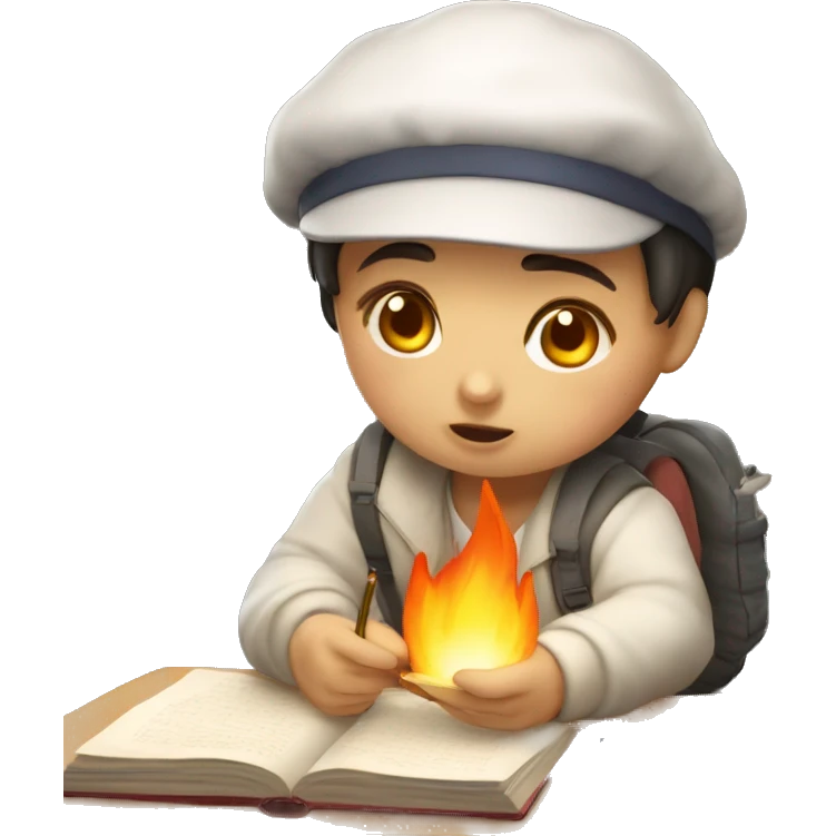 cute korean student studying hard with big fire emoji