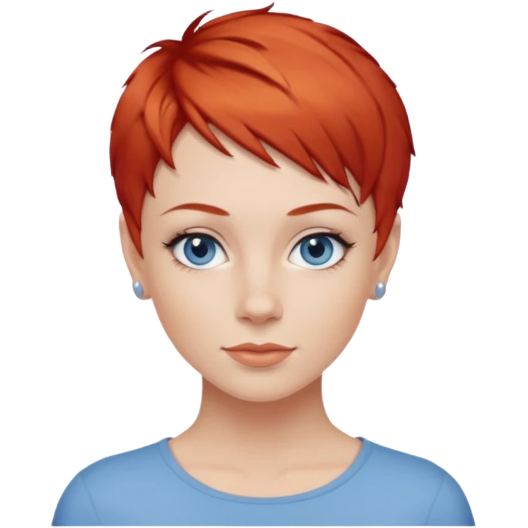 27 year old white woman, red hair, pixie cut, blue eyes emoji