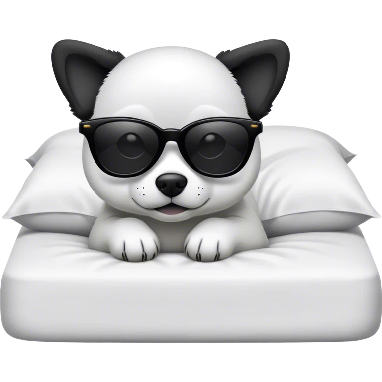 Perro blanco y negro pequeño con gafas de sol en una cama emoji
