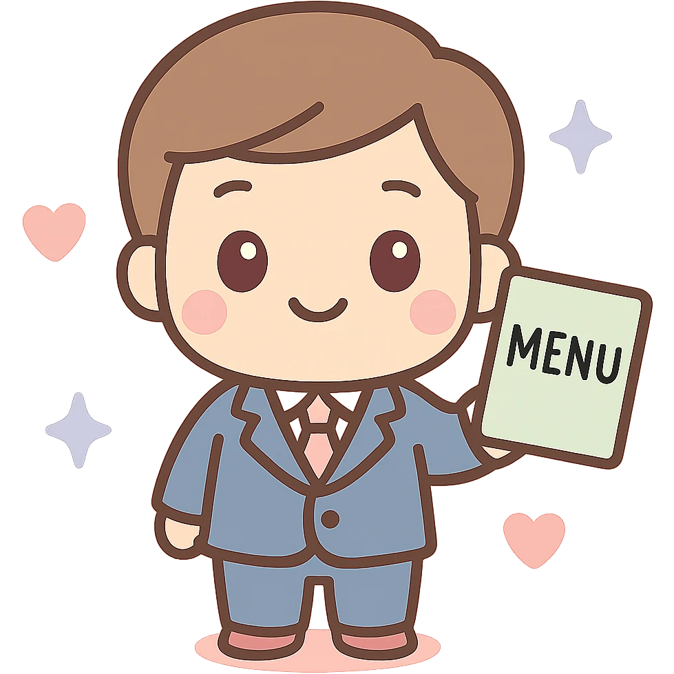 Make the restaurant owner wear a suit, keep the kawaii chibi anime style with flat pastel colors, thick outlines, and simple cute features, transparent background. emoji