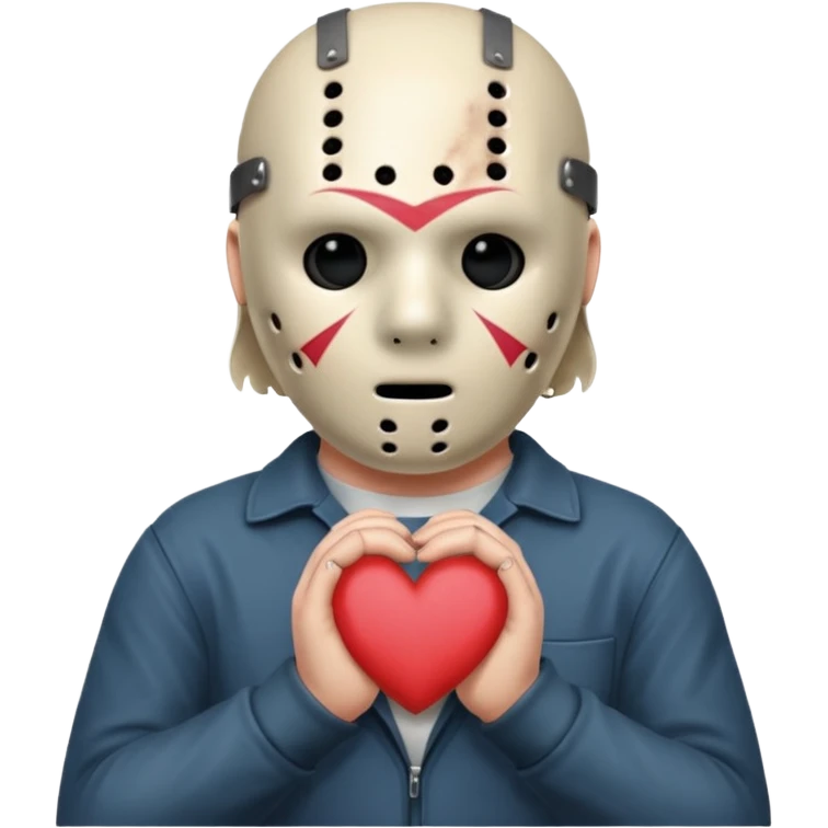 Jason Voorhees, looking cute, with his hands clasped in front of him, at a sideways angle, looks like he is in love emoji