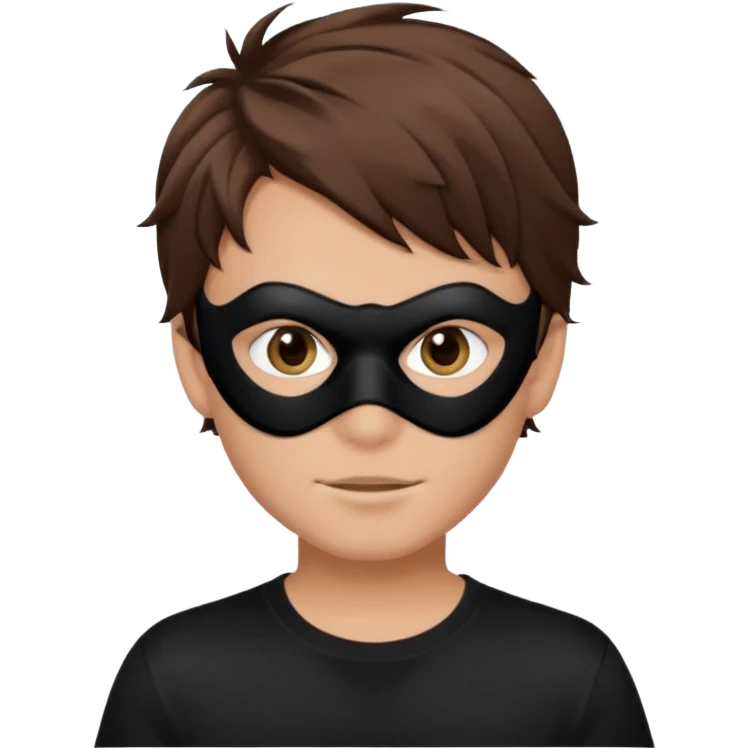 messy hair boy in a sleek black mask, playful eyes showing emoji