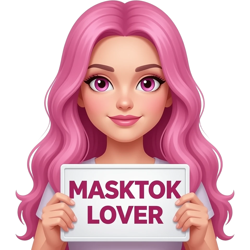 sexy girl with long pink hair and pink eyes holding a MASKTOK LOVER sign emoji